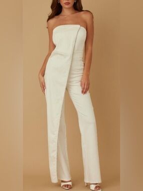 STRETCH Strapless WHITE Denim Jumpsuit with Rhinestone Trim